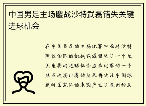 中国男足主场鏖战沙特武磊错失关键进球机会