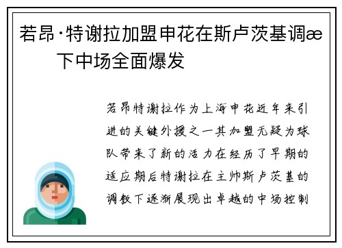 若昂·特谢拉加盟申花在斯卢茨基调教下中场全面爆发