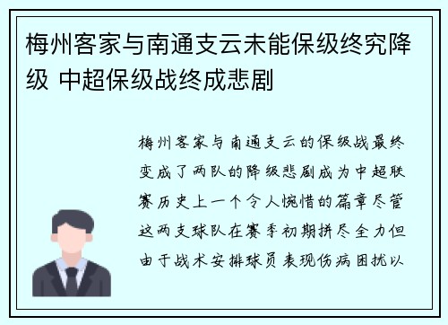 梅州客家与南通支云未能保级终究降级 中超保级战终成悲剧